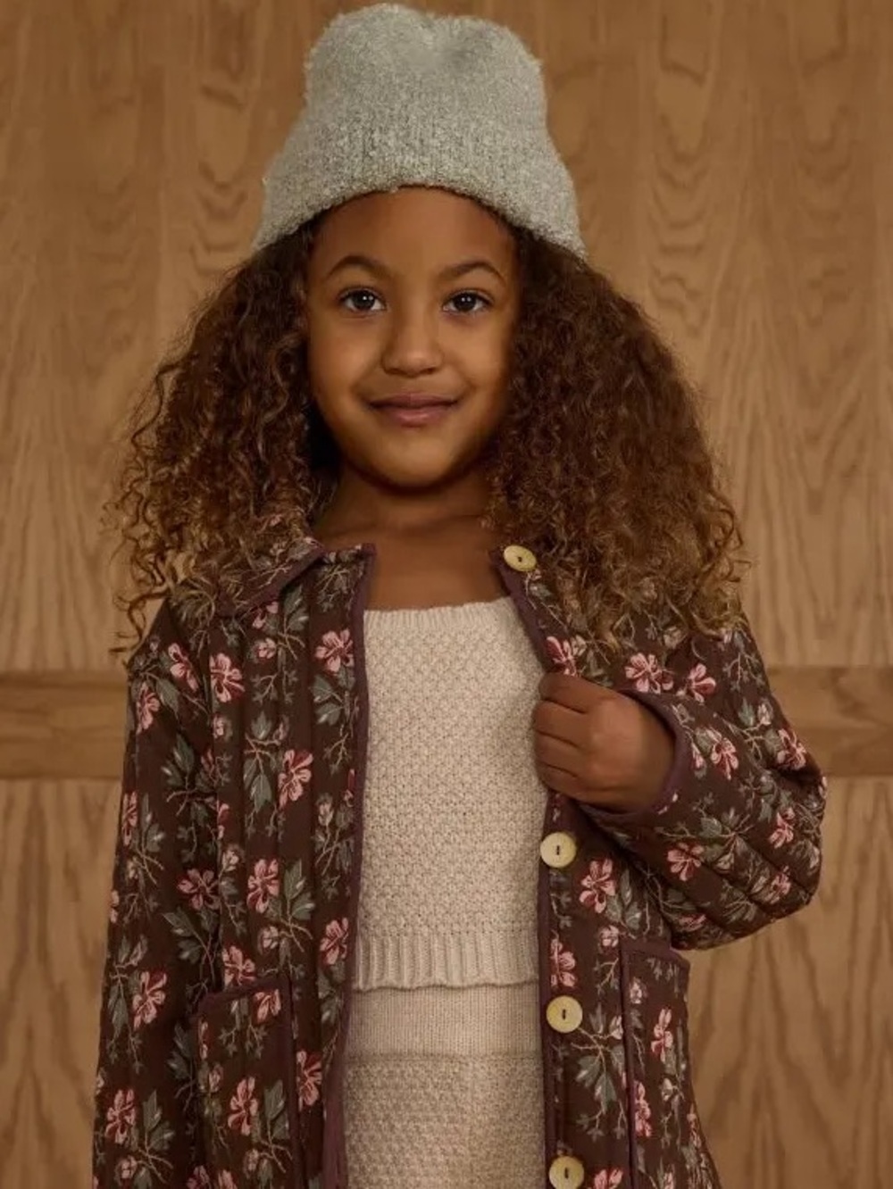 Rylee + Cru Brown Floral Quilted Jacket with Pink Flowers